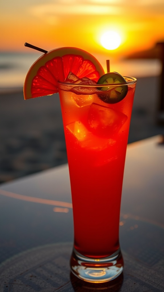 Zesty spicy tequila sunrise cocktail with orange and jalapeño garnish, on a beach during sunset.